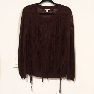 New York & Company Maroon Tassel Fringe Crewneck Sweater